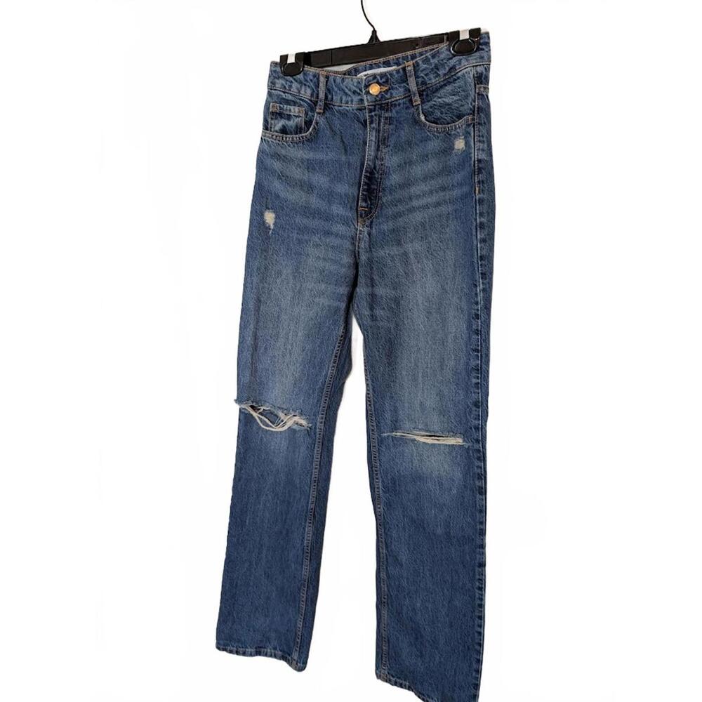 ZARA Wide Leg Jeans Dark Wash Distressed High Rise Denim Size 6